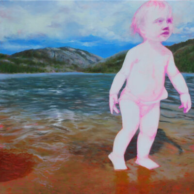 oil on canvas, lake and mountains, stepping on the shore, oil painting, lake, baby on the shore, realism, new american paintings, fine art